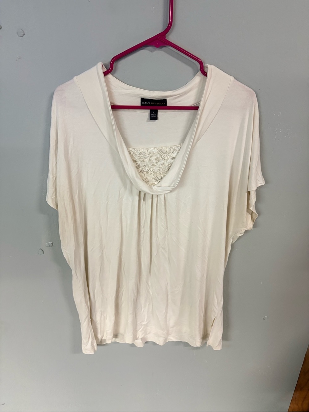 Dana Buchman Cream Lace Inset Cowl Neck Short Sleeve Top